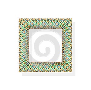 Ancient picture frame decorative with gold floral patterns on green glass  isolated on white background , clipping path