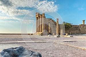 Ancient pillars of beautiful acropolis of Lindos