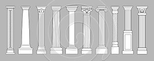 Ancient pillars. Classic historical roman column, antique architecture greece different columns, architectural line