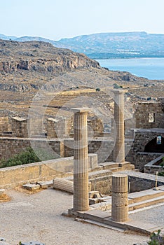 Ancient pillars of a lindos acropolis