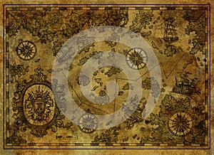Ancient pirate map with treasure islands, compass, old ships on antique texture background