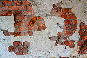 Ancient plastered red brick wall background, abstract surface texture for design