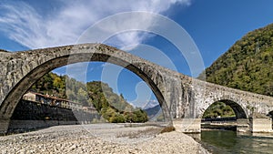 Ancient Ponte della Maddalena, Devil`s bridge, Borgo a Mozzano, Lucca, Tuscany, Italy