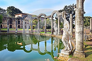 Ancient pool called Canopus in Villa Adriana Hadrian`s Villa in Tivoli, Italy