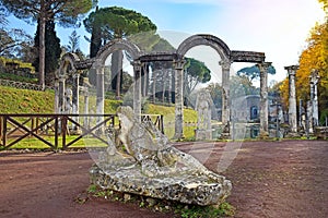 Ancient pool called Canopus in Villa Adriana Hadrian`s Villa in Tivoli, Italy