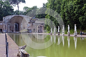 Ancient Pool Canopus, surrounded by greek sculptures in Hadrian`s Villa Villa Adriana, 2nd century AD, Tivoli, Italy,UNESCO Worl