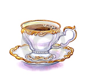 Ancient porcelain coffee cup with a gold pattern, watercolor illustration on a white background