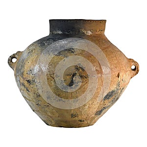 an ancient pot with two handles from bronze age on a white background