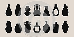 Ancient pottery set. Ceramic vase pot jar black silhouettes various shapes, hand drawn isolated icons. Vector