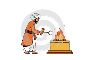 Ancient Priest Performing a Fire Ritual at an Altar