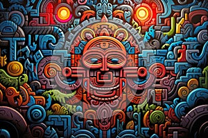 Ancient Psychedelia Mesoamerican Colorful Ritual Pattern extreme closeup. Generative AI photo