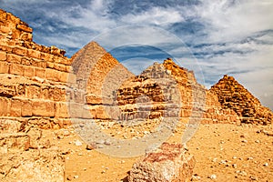 Ancient Pyramid of Mycerinus, Menkaura and the Pyramids of the Queens Menkaurev Giza, Egypt