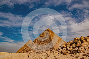 Ancient Pyramid of Mycerinus, Menkaura and the Pyramids of the Queens Menkaurev Giza, Egypt