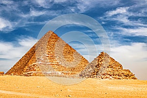 Ancient Pyramid of Mycerinus, Menkaura and the Pyramids of the Queens Menkaurev Giza, Egypt