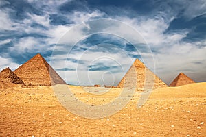 Ancient Pyramid of Mycerinus, Menkaura and the Pyramids of the Queens Menkaurev Giza, Egypt