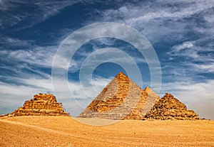 Ancient Pyramid of Mycerinus, Menkaura and the Pyramids of the Queens Menkaurev Giza, Egypt