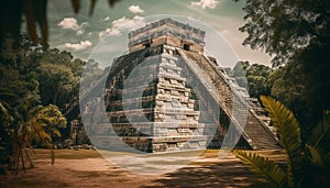 Ancient pyramid sculpture, ruined by time, stands in tropical rainforest generated by AI