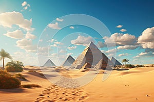 Ancient pyramids in desert on sunny day in Egypt, fiction scenic view