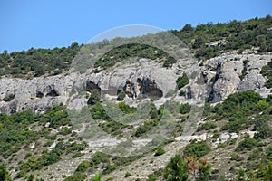 Ancient quarries in rocks. Evidence of an ancient highly developed civilization. Crimean peninsula