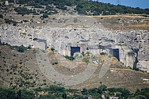 Ancient quarries in rocks. Evidence of an ancient highly developed civilization. Crimean peninsula