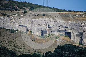 Ancient quarries in rocks. Evidence of an ancient highly developed civilization. Crimean peninsula