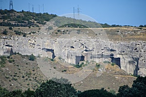 Ancient quarries in rocks. Evidence of an ancient highly developed civilization. Crimean peninsula