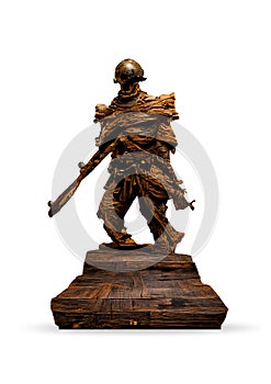 ancient raw Wood Soldier statue isolated on white background