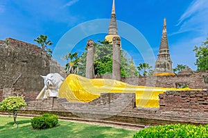 Ancient reclining buddha at Wat Yai Chai Mongkol, Ayutthaya, Thailand.