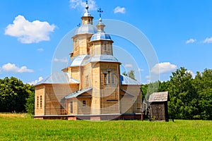 Ancient reconstructed wooden church of St. Nicolas in Pyrohiv Pirogovo village near Kiev, Ukraine