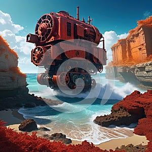An ancient red mechanical engine runs aground on the digital art