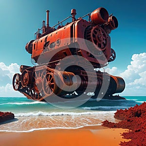 An ancient red mechanical engine runs aground on the digital art