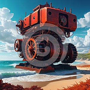 An ancient red mechanical engine runs aground on the digital art