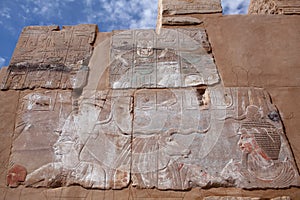 Ancient relief of Egyptian temple of Satis, or Satet on Elephantne Island at Aswan, Egypt