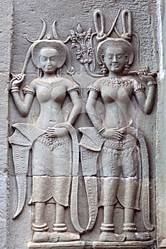 Ancient reliefs at Angkor Wat Temple, Cambodia