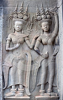 Ancient reliefs at Angkor Wat Temple, Cambodia