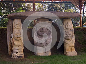 Ancient religious monument and megalithic pre-columbian sculpture in San AgustÃ­Â­n Archaeological Park photo