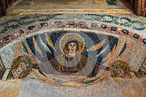 Ancient religious mosaic on the walls of Euphrasian Basilica,Byzantine mosaic art, Porec, UNESCO world heritage site, Croatia