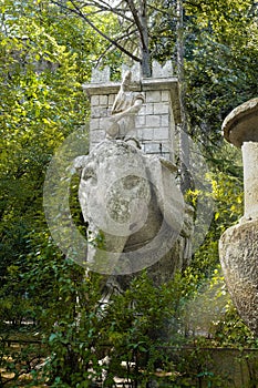 Ancient renaissance sculpture War Elephant in the famous Parco dei Mostri, also called Sacro Bosco or Giardini di Bomarzo. Monster