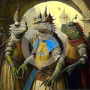 Ancient reptilian aliens. Generated image. Digital rendering of reptilian aliens in a medieval setting. Fantasy art