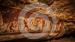 Ancient Rock Art Depicting Tribal Figures And Animals In A Rustic Cave Setting. Generative AI