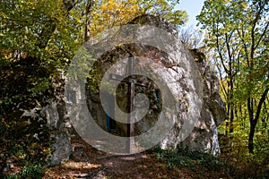 ancient Rock-cave monastery of Sataniv, Khmelnytskyi region, Ukraine. The top of the mountain, in the past a pagan temple, a place