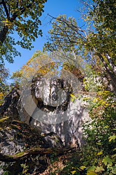 ancient Rock-cave monastery of Sataniv, Khmelnytskyi region, Ukraine. The top of the mountain, in the past a pagan temple, a place