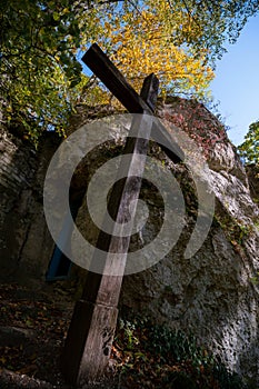 ancient Rock-cave monastery of Settlement Zvenigorod, Sataniv, Khmelnytskyi, Ukraine. The top of the mountain, in the past a pagan