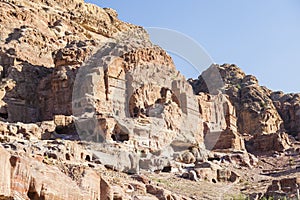 Ancient rock curt city in a deep valley, Petra. Jordan.