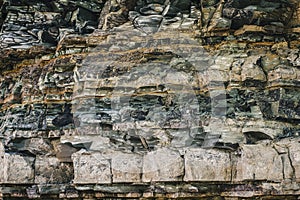 Ancient rock layers closeup view