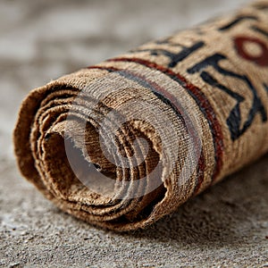 Ancient rolled parchment scroll with visible script on aged texture.