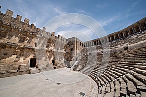 Ancient Roman amphitheater of Aspendos near Antalya. Historical destinations concept.