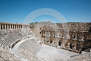 Ancient Roman amphitheater of Aspendos near Antalya. Historical destinations concept.