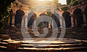 Ancient Roman amphitheater ruins bathed in soft sunlight, showcasing historical architecture and the cultural legacy of