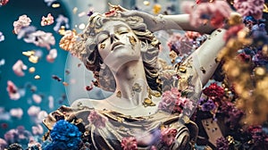 ancient roman antique statue of a beautiful woman, covered with flowers and gold, romantic, bokeh